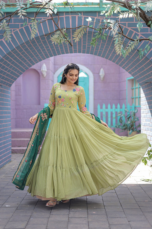 Jyoti Fashion Women's Pista Faux Georgette Thread Embroidery Anarkali Dress with Dupatta