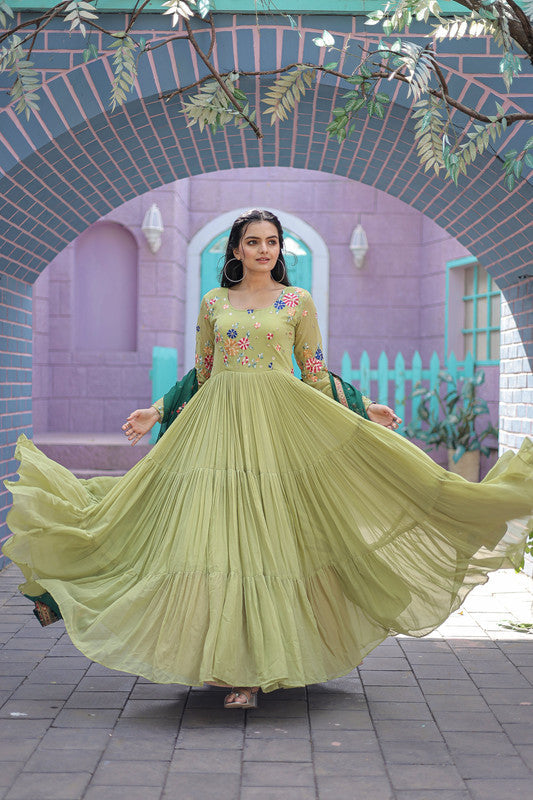 Jyoti Fashion Women's Pista Faux Georgette Thread Embroidery Anarkali Dress with Dupatta