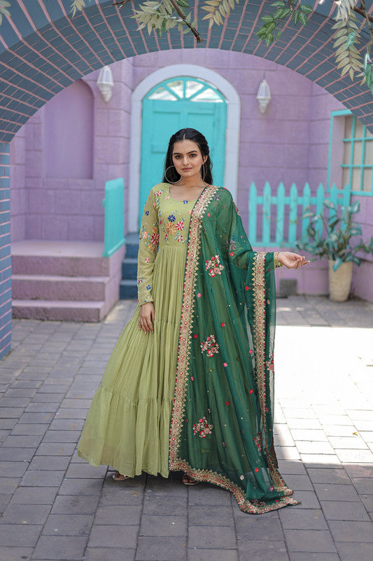 Jyoti Fashion Women's Pista Faux Georgette Thread Embroidery Anarkali Dress with Dupatta