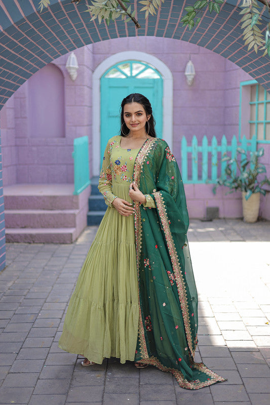 Jyoti Fashion Women's Pista Faux Georgette Thread Embroidery Anarkali Dress with Dupatta