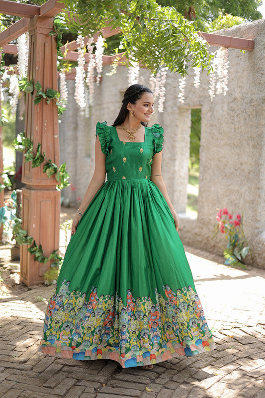 Jyoti Fashion Women's Green Dola Silk Printed Festive Designer Anarkali Dress