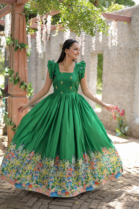 Jyoti Fashion Women's Green Dola Silk Printed Festive Designer Anarkali Dress