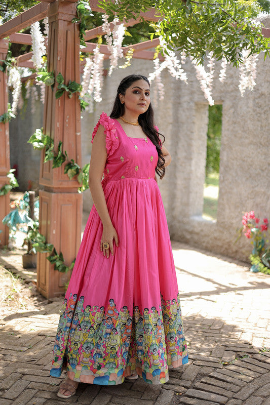 Jyoti Fashion Women's Pink Dola Silk Printed Festive Designer Anarkali Dress