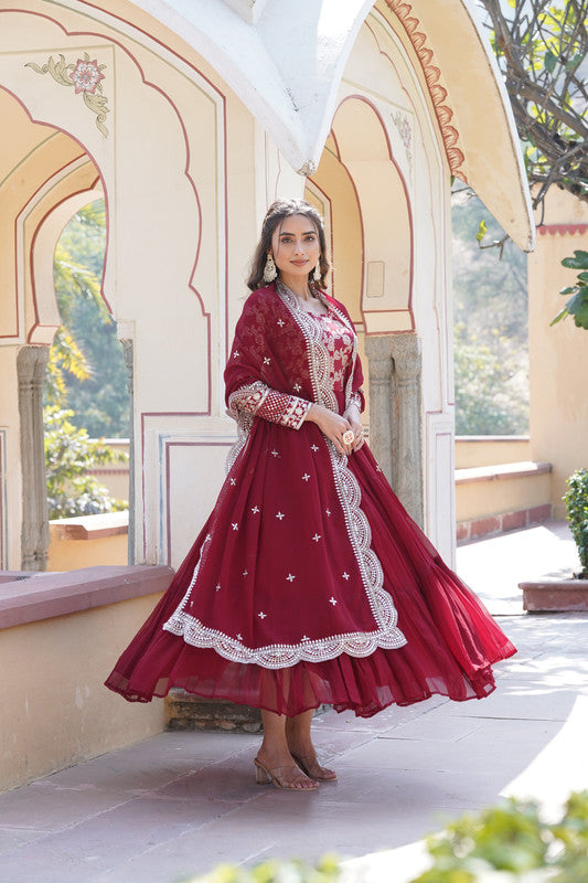 Jyoti Fashion Women's Maroon Faux Blooming Jacquard with Sequins Embroidered Anarkali Dress with Dupatta