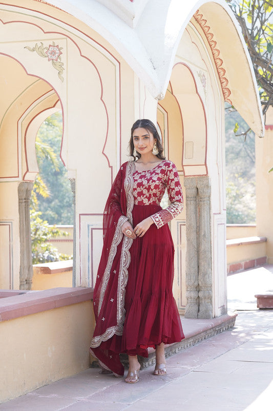 Jyoti Fashion Women's Maroon Faux Blooming Jacquard with Sequins Embroidered Anarkali Dress with Dupatta