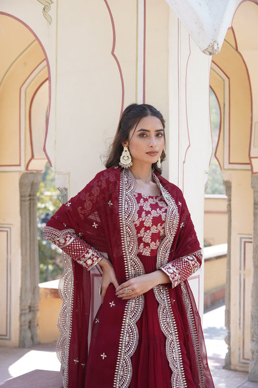 Jyoti Fashion Women's Maroon Faux Blooming Jacquard with Sequins Embroidered Anarkali Dress with Dupatta