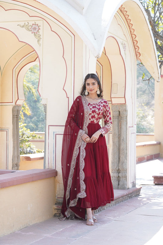 Jyoti Fashion Women's Maroon Faux Blooming Jacquard with Sequins Embroidered Anarkali Dress with Dupatta