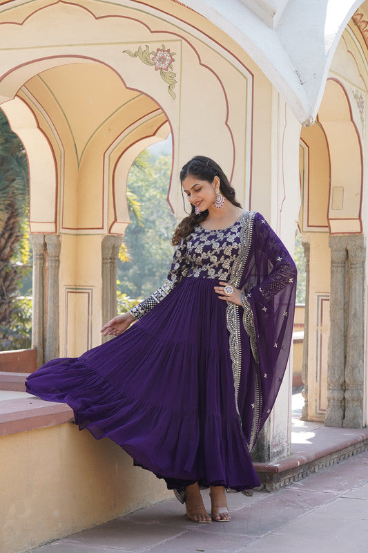 Jyoti Fashion Women's Purple Faux Blooming Jacquard with Sequins Embroidered Anarkali Dress with Dupatta