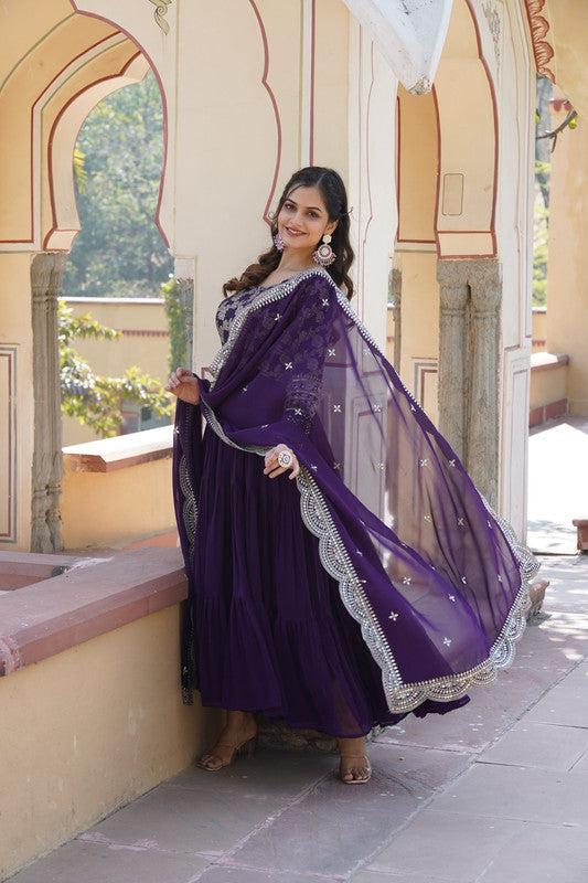 Jyoti Fashion Women's Purple Faux Blooming Jacquard with Sequins Embroidered Anarkali Dress with Dupatta