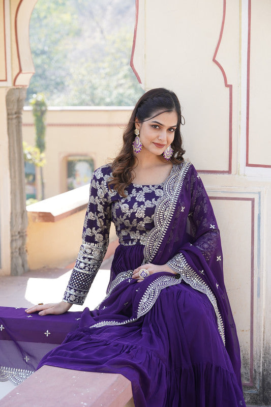 Jyoti Fashion Women's Purple Faux Blooming Jacquard with Sequins Embroidered Anarkali Dress with Dupatta