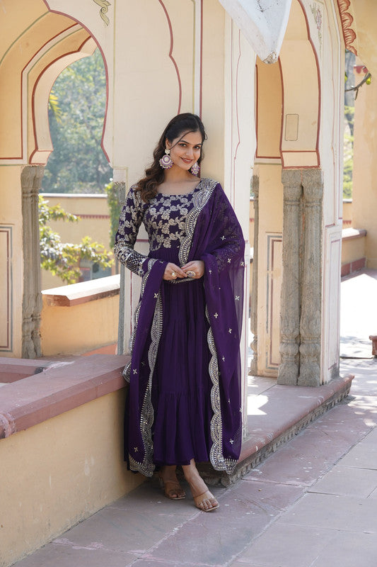 Jyoti Fashion Women's Purple Faux Blooming Jacquard with Sequins Embroidered Anarkali Dress with Dupatta