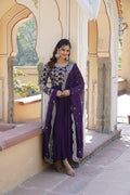 Jyoti Fashion Women's Purple Faux Blooming Jacquard with Sequins Embroidered Anarkali Dress with Dupatta
