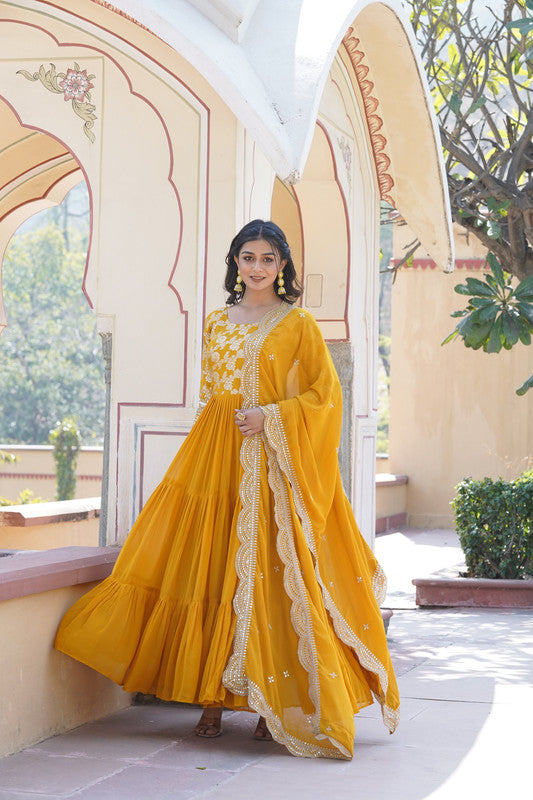 Jyoti Fashion Women's Yellow Faux Blooming Jacquard with Sequins Embroidered Anarkali Dress with Dupatta