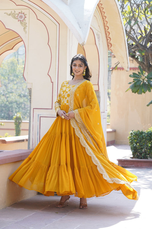 Jyoti Fashion Women's Yellow Faux Blooming Jacquard with Sequins Embroidered Anarkali Dress with Dupatta