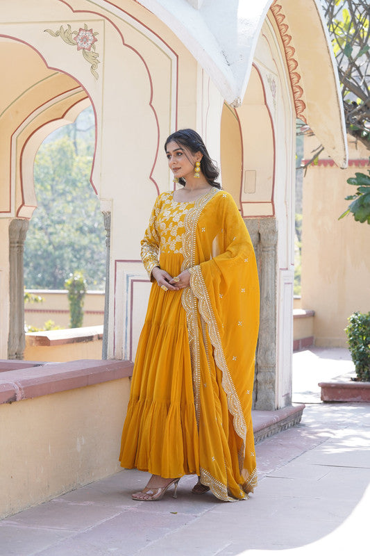 Jyoti Fashion Women's Yellow Faux Blooming Jacquard with Sequins Embroidered Anarkali Dress with Dupatta