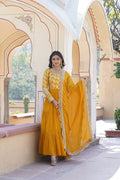 Jyoti Fashion Women's Yellow Faux Blooming Jacquard with Sequins Embroidered Anarkali Dress with Dupatta