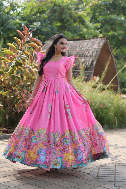 Jyoti Fashion Women's Pink Dola Silk Printed Festive Designer Anarkali Dress
