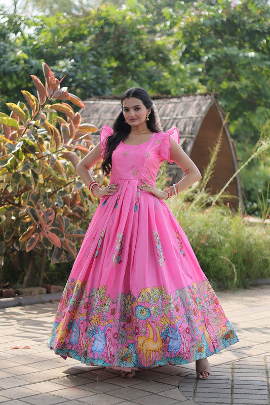 Jyoti Fashion Women's Pink Dola Silk Printed Festive Designer Anarkali Dress