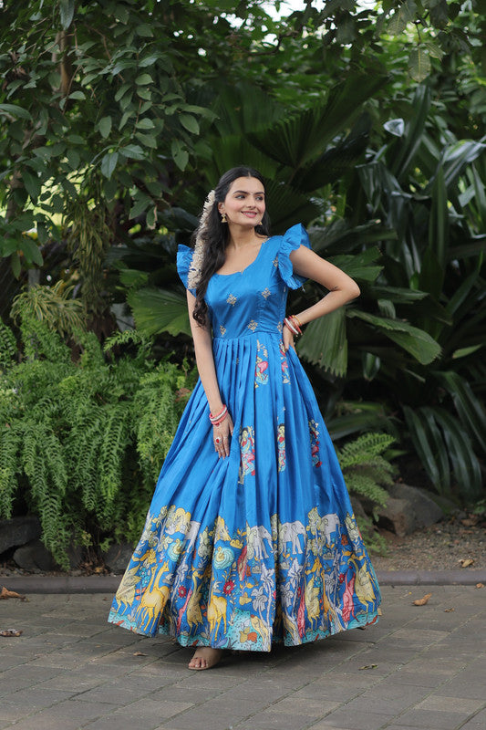 Jyoti Fashion Women's Sky Blue Dola Silk Printed Festive Designer Anarkali Dress
