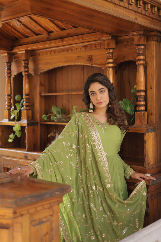 Jyoti Fashion Women's Green Faux Georgette Embroidered Partywear Anarkali Dress with Dupatta