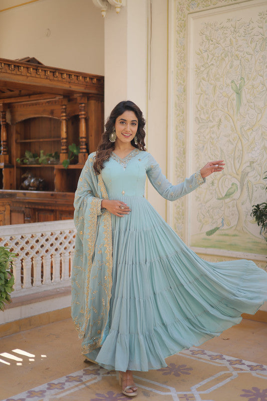 Jyoti Fashion Women's Sky Blue Faux Georgette Embroidered Partywear Anarkali Dress with Dupatta
