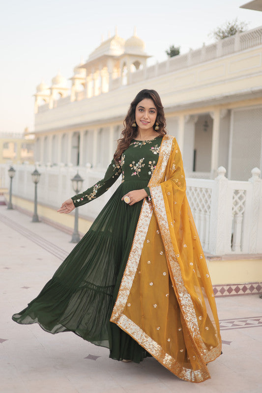 Jyoti Fashion Women's Green Faux Georgette Sequins Embroidered Partywear Anarkali Dress with Dupatta
