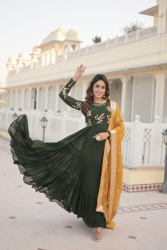 Jyoti Fashion Women's Green Faux Georgette Sequins Embroidered Partywear Anarkali Dress with Dupatta