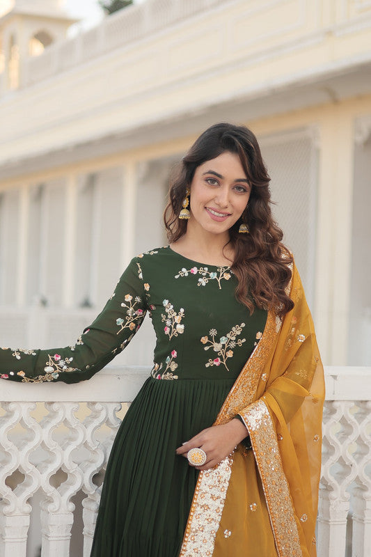 Jyoti Fashion Women's Green Faux Georgette Sequins Embroidered Partywear Anarkali Dress with Dupatta