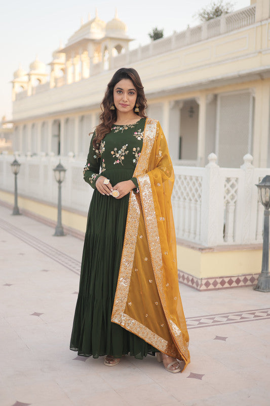 Jyoti Fashion Women's Green Faux Georgette Sequins Embroidered Partywear Anarkali Dress with Dupatta