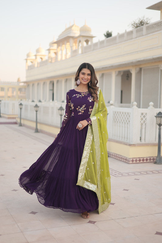 Jyoti Fashion Women's Wine Faux Georgette Sequins Embroidered Partywear Anarkali Dress with Dupatta