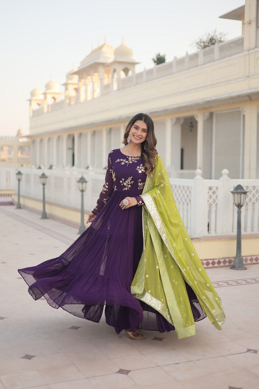 Jyoti Fashion Women's Wine Faux Georgette Sequins Embroidered Partywear Anarkali Dress with Dupatta