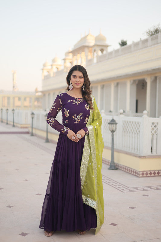 Jyoti Fashion Women's Wine Faux Georgette Sequins Embroidered Partywear Anarkali Dress with Dupatta