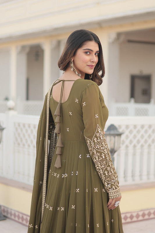 Jyoti Fashion Women's Mehendi Faux Georgette Sequins Embroidered Partywear Anarkali Dress with Dupatta