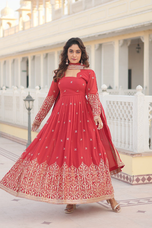 Jyoti Fashion Women's Gajri Faux Georgette Sequins Embroidered Partywear Anarkali Dress with Dupatta