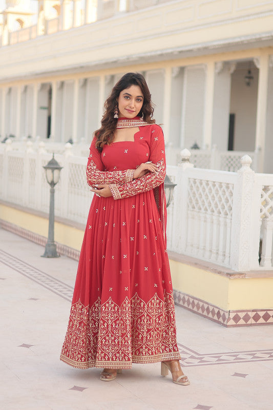 Jyoti Fashion Women's Gajri Faux Georgette Sequins Embroidered Partywear Anarkali Dress with Dupatta