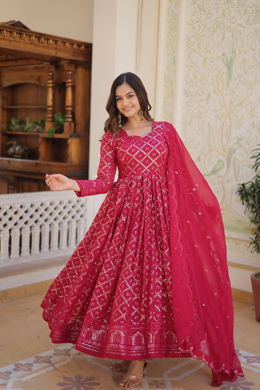 Jyoti Fashion Women's Rani Pink Faux Blooming Sequins Embroidered Partywear Anarkali Dress with Dupatta
