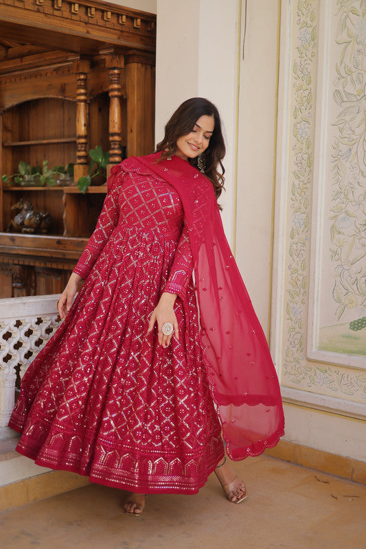 Jyoti Fashion Women's Rani Pink Faux Blooming Sequins Embroidered Partywear Anarkali Dress with Dupatta