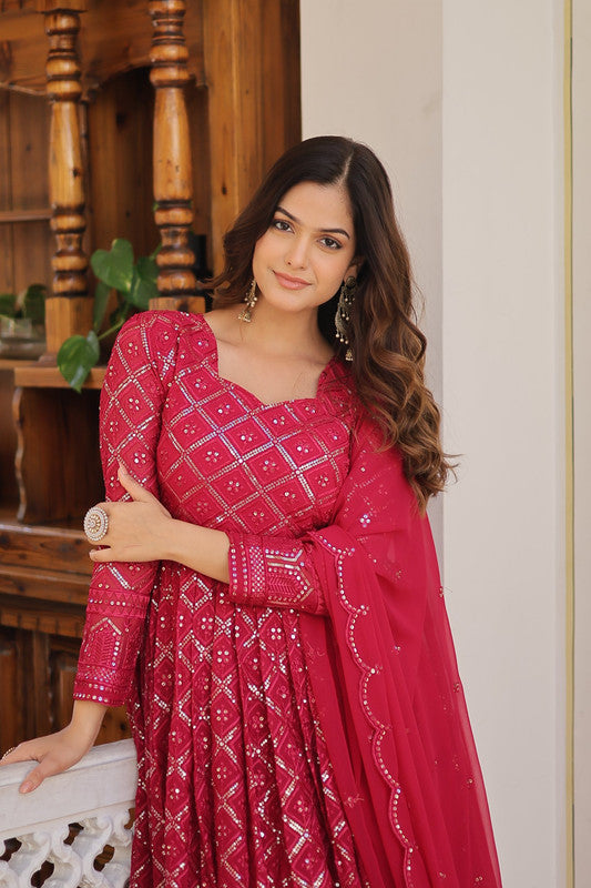 Jyoti Fashion Women's Rani Pink Faux Blooming Sequins Embroidered Partywear Anarkali Dress with Dupatta