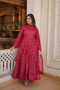 Jyoti Fashion Women's Rani Pink Faux Blooming Sequins Embroidered Partywear Anarkali Dress with Dupatta