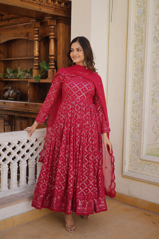 Jyoti Fashion Women's Rani Pink Faux Blooming Sequins Embroidered Partywear Anarkali Dress with Dupatta