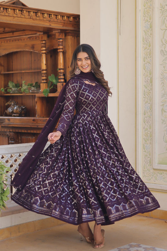 Jyoti Fashion Women's Wine Faux Blooming Sequins Embroidered Partywear Anarkali Dress with Dupatta