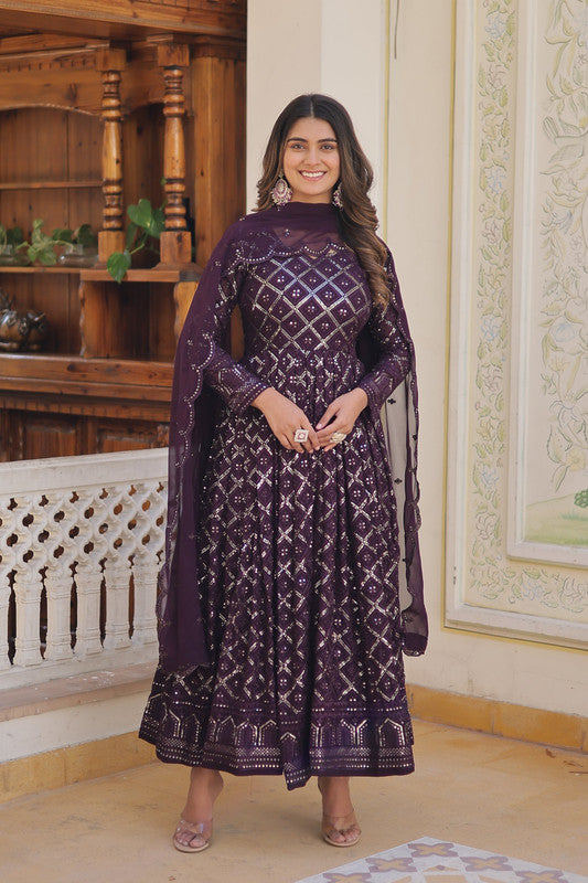 Jyoti Fashion Women's Wine Faux Blooming Sequins Embroidered Partywear Anarkali Dress with Dupatta