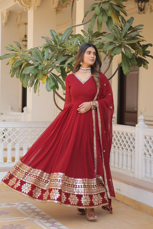 Jyoti Fashion Women's Maroon Faux Blooming Sequins Embroidered Partywear Anarkali Dress with Dupatta