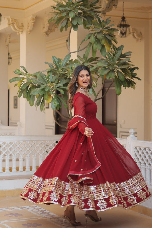 Jyoti Fashion Women's Maroon Faux Blooming Sequins Embroidered Partywear Anarkali Dress with Dupatta