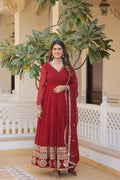 Jyoti Fashion Women's Maroon Faux Blooming Sequins Embroidered Partywear Anarkali Dress with Dupatta