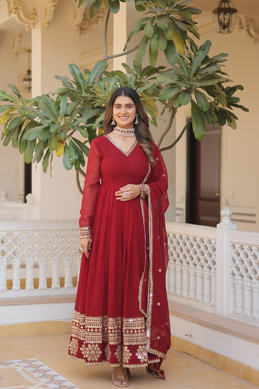 Jyoti Fashion Women's Maroon Faux Blooming Sequins Embroidered Partywear Anarkali Dress with Dupatta