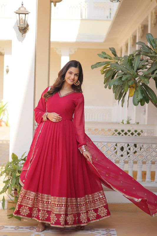 Jyoti Fashion Women's Rani Pink Faux Blooming Sequins Embroidered Partywear Anarkali Dress with Dupatta