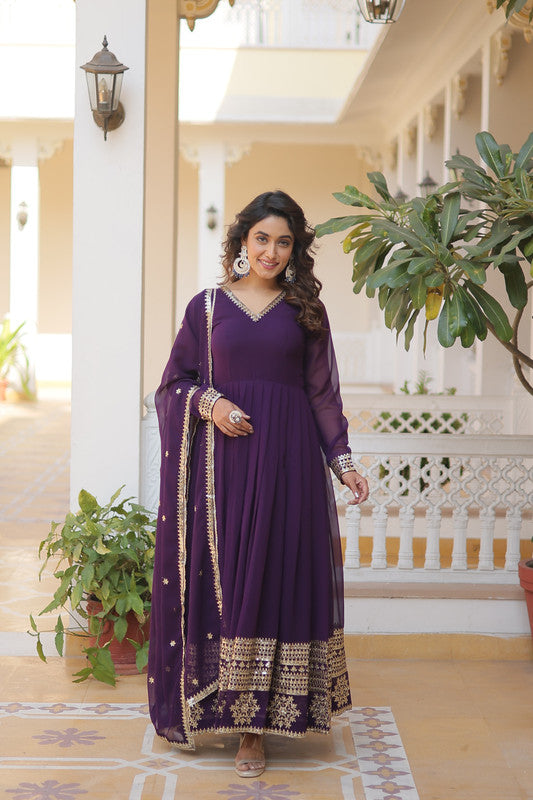 Jyoti Fashion Women's Purple Faux Blooming Sequins Embroidered Partywear Anarkali Dress with Dupatta