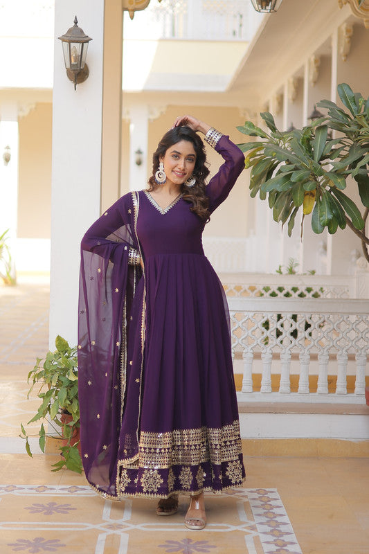 Jyoti Fashion Women's Purple Faux Blooming Sequins Embroidered Partywear Anarkali Dress with Dupatta