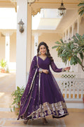 Jyoti Fashion Women's Purple Faux Blooming Sequins Embroidered Partywear Anarkali Dress with Dupatta